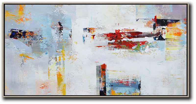 Modern Painting Abstract,Horizontal Palette Knife Contemporary Art Panoramic Canvas Painting,Abstract Art On Canvas, Modern Art Grey,White,Red,Yellow